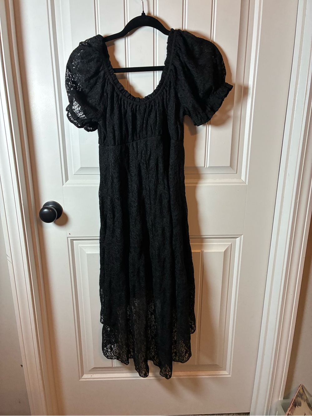 No Boundaries Black Lace High-Low Midi Dress with Puff Sleeves